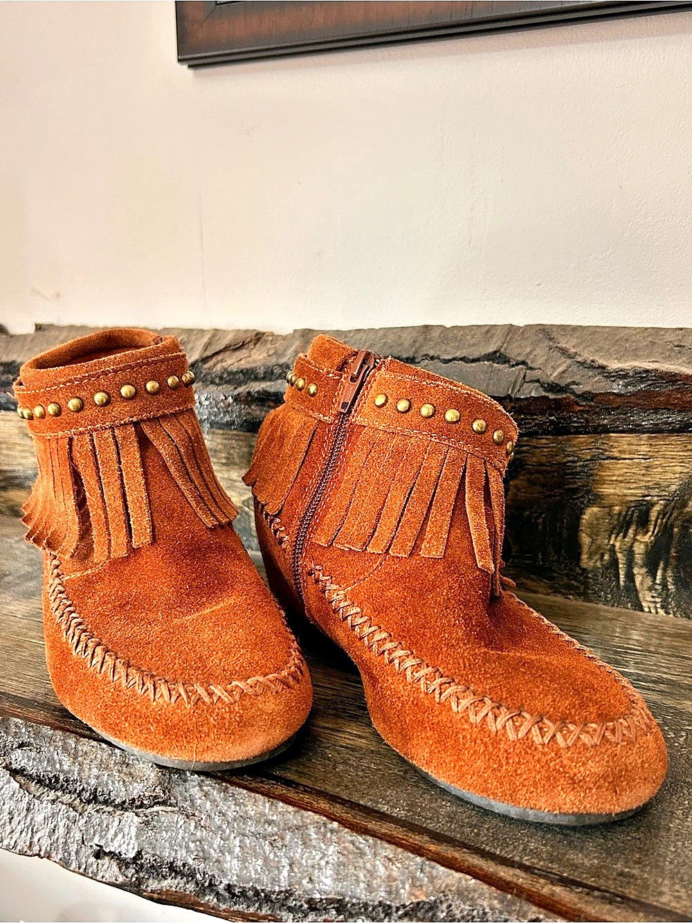 Aldo Size 6 Rust Brown Suede Fringe Ankle Boots Studded Boho Western Booties